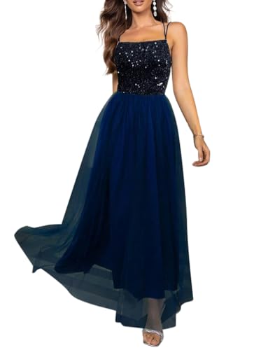 Minetom Damen Pailletten Langes Kleid Elegant Ärmellos Rückenfrei Partykleid A-Linie Spaghettiträger Abendkleid Maxikleid Cocktail Festlich Hochzeit Kleider A Blau XS von Minetom