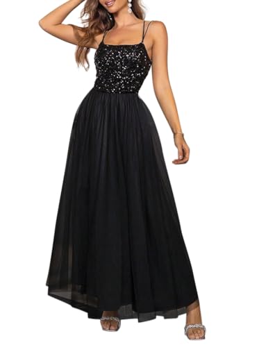 Minetom Damen Pailletten Langes Kleid Elegant Ärmellos Rückenfrei Partykleid A-Linie Spaghettiträger Abendkleid Maxikleid Cocktail Festlich Hochzeit Kleider A Schwarz M von Minetom