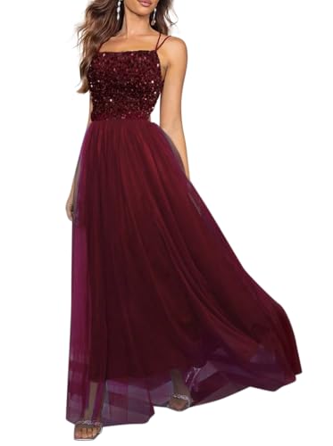 Minetom Damen Pailletten Langes Kleid Elegant Ärmellos Rückenfrei Partykleid A-Linie Spaghettiträger Abendkleid Maxikleid Cocktail Festlich Hochzeit Kleider A Weinrot L von Minetom