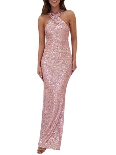 Minetom Damen Pailletten Langes Kleid Elegant Neckholder Ärmellos Partykleid Abendkleid Cocktail Festlich Hochzeit Maxikleid Glitzer Kleider A Rosa XS von Minetom