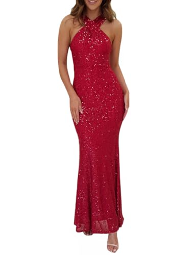 Minetom Damen Pailletten Langes Kleid Elegant Neckholder Ärmellos Partykleid Abendkleid Cocktail Festlich Hochzeit Maxikleid Glitzer Kleider A Rot L von Minetom