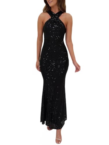 Minetom Damen Pailletten Langes Kleid Elegant Neckholder Ärmellos Partykleid Abendkleid Cocktail Festlich Hochzeit Maxikleid Glitzer Kleider A Schwarz L von Minetom