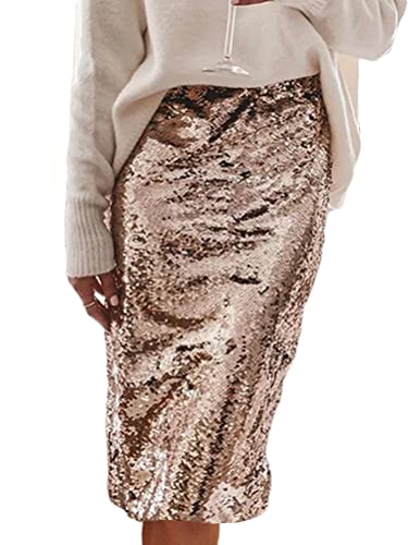Minetom Damen Pailletten Bleistiftrock - Hohe Taille Glitzer Meerjungfrau Midi Rock - Bodycon Skirt für Club Wear - Gold M von Minetom