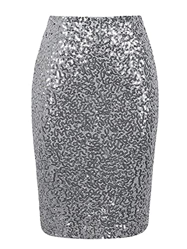 Minetom Damen Pailletten Rock Bleistiftrock Hohe Taille Glitzer Meerjungfrau Rock Bodycon Midi Skirt A Silber L von Minetom