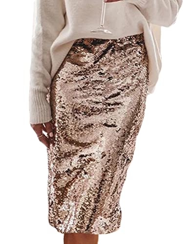 Minetom Damen Pailletten Rock Bleistiftrock Hohe Taille Glitzer Meerjungfrau Rock Bodycon Midi Skirt B Gold L von Minetom