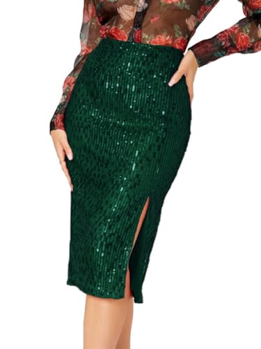 Minetom Damen Pailletten Rock Bleistiftrock Hohe Taille Glitzer Meerjungfrau Rock Bodycon Midi Skirt F Grün M von Minetom
