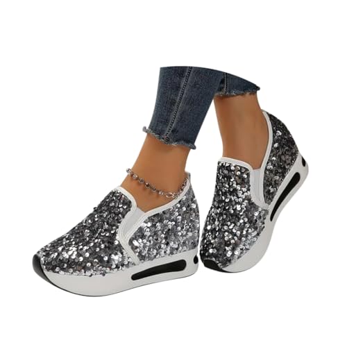 Minetom Damen Pailletten Slip On Sneaker Low Glitter Loafers Outdoor Freizeitschuhe Walkingschuhe Plateauschuhe A Grau 37 EU von Minetom