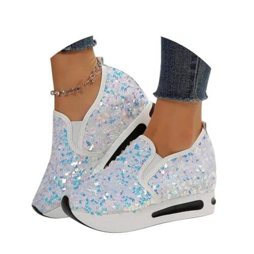 Minetom Damen Pailletten Slip On Sneaker Low Glitter Loafers Outdoor Freizeitschuhe Walkingschuhe Plateauschuhe A Weiß 37 EU von Minetom