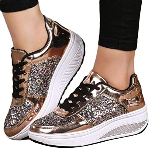 Minetom Damen Pailletten Sneaker Flach Schuhe Freizeit Schnürer Sportschuhe Glänzende Schuhe Laufschuhe Sneaker A Gold 37 EU von Minetom