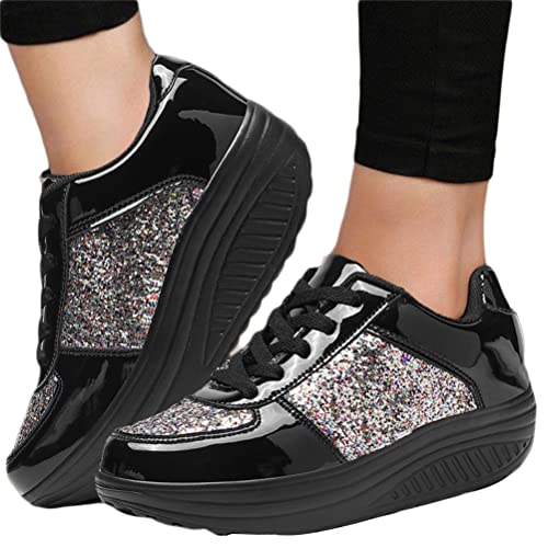 Minetom Damen Pailletten Sneaker Flach Schuhe Freizeit Schnürer Sportschuhe Glänzende Schuhe Laufschuhe Sneaker A Schwarz 41 EU von Minetom