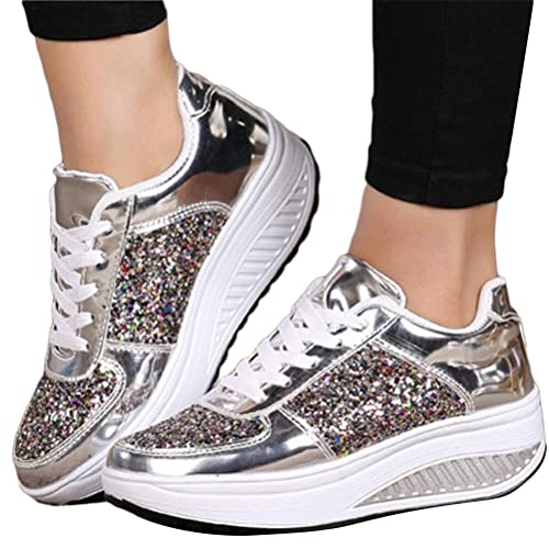 Minetom Damen Pailletten Sneaker Flach Schuhe Freizeit Schnürer Sportschuhe Glänzende Schuhe Laufschuhe Sneaker A Silber 39 EU von Minetom