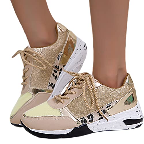 Minetom Damen Pailletten Sneaker Flach Schuhe Freizeit Schnürer Sportschuhe Glänzende Schuhe Laufschuhe Sneaker B Gold 38 EU von Minetom