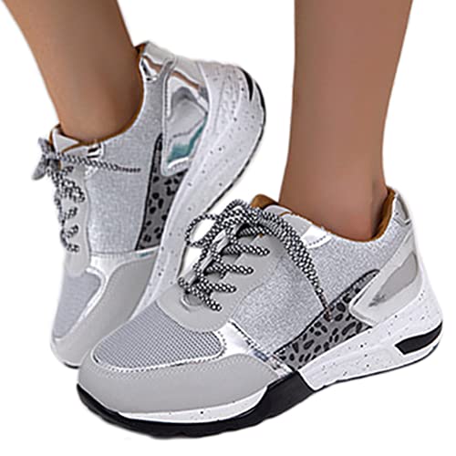 Minetom Damen Pailletten Sneaker Flach Schuhe Freizeit Schnürer Sportschuhe Glänzende Schuhe Laufschuhe Sneaker B Silber 38 EU von Minetom