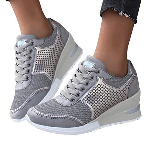 Minetom Damen Pailletten Sneaker Flach Schuhe Freizeit Schnürer Sportschuhe Glänzende Schuhe Laufschuhe Sneaker C Silber 36 EU von Minetom