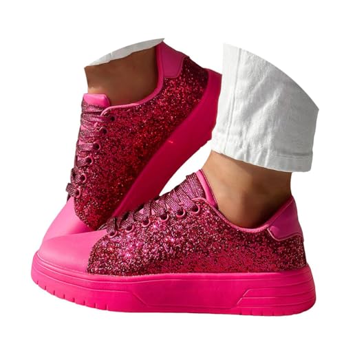 Minetom Damen Pailletten Sneaker Glitzer Schuhe Flache Low Outdoor Laufschuhe Schnürsenkel Walkingschuhe Sportschuhe A Rosa Rot 37 EU von Minetom