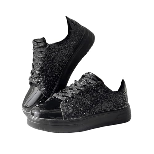 Minetom Damen Pailletten Sneaker Glitzer Schuhe Flache Low Outdoor Laufschuhe Schnürsenkel Walkingschuhe Sportschuhe A Schwarz 39 EU von Minetom