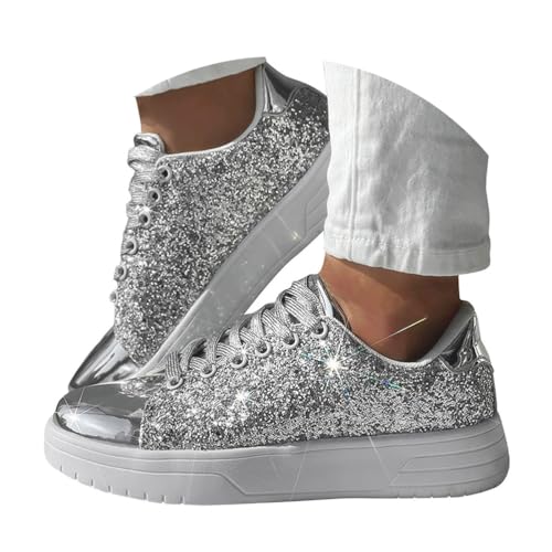 Minetom Damen Pailletten Sneaker Glitzer Schuhe Flache Low Outdoor Laufschuhe Schnürsenkel Walkingschuhe Sportschuhe A Silber 43 EU von Minetom