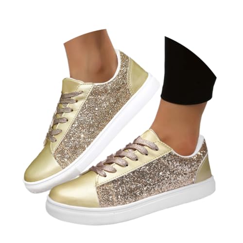 Minetom Damen Pailletten Sneaker Glitzer Schuhe Flache Low Outdoor Laufschuhe Schnürsenkel Walkingschuhe Sportschuhe B Gold 38 EU von Minetom