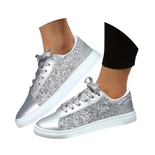 Minetom Damen Pailletten Sneaker Glitzer Schuhe Flache Low Outdoor Laufschuhe Schnürsenkel Walkingschuhe Sportschuhe B Silber 43 EU von Minetom