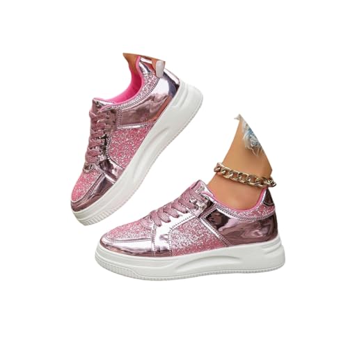 Minetom Damen Pailletten Sneakers Plateau Low Glitzer Turnschuhe Schnürsenkel Hochzeits Walkingschuhe A Rosa 38 EU von Minetom