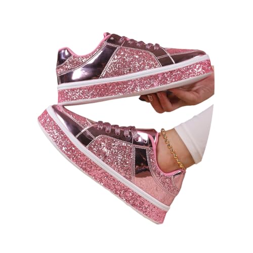Minetom Damen Pailletten Sneakers Plateau Low Glitzer Turnschuhe Schnürsenkel Hochzeits Walkingschuhe B Rosa 38 EU von Minetom