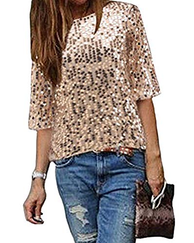 Minetom Damen Pailletten Top Schulterfrei T-Shirt Sparkle Glänzend Bluse Party Club Hemd Tunika Kurzarm Oberteil A Gold 38 von Minetom