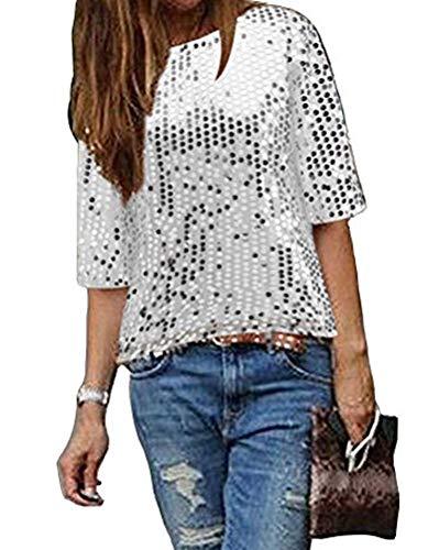 Minetom Damen Pailletten Top Schulterfrei T-Shirt Sparkle Glänzend Bluse Party Club Hemd Tunika Kurzarm Oberteil A Silber 42 von Minetom