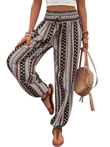 Minetom Damen Pant Lange Haremshose Schlupfhose Boho Strandhose Leicht Freizeithose Loose Sommerhose Frauen Hose Mit Taschen Stoffhose Jogginghose Yogahose B Braun XS von Minetom