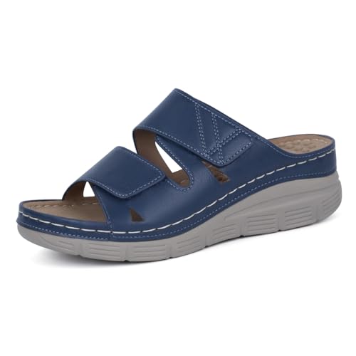 Minetom Damen Pantoletten Mit Massage Sohle Hausschuhe Fußgewölbe Unterstützung Orthopädische Keilabsatz Sandalen A Blau 38 EU von Minetom