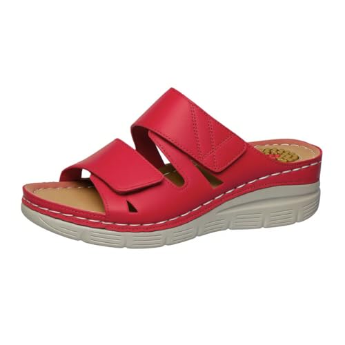 Minetom Damen Pantoletten Mit Massage Sohle Hausschuhe Fußgewölbe Unterstützung Orthopädische Keilabsatz Sandalen A Rot 39 EU von Minetom