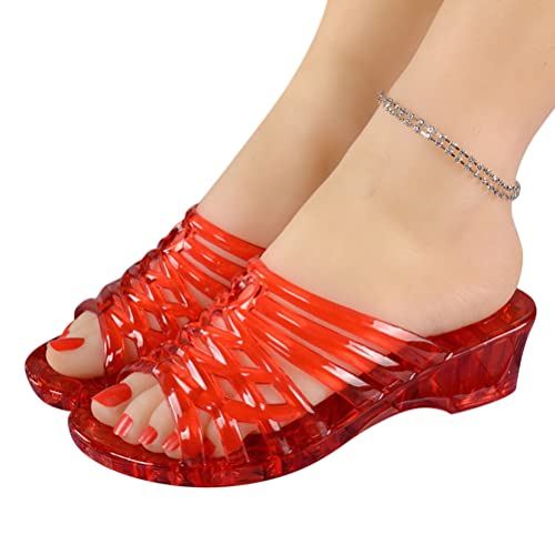 Minetom Damen Pantoletten Sommer Hohl Gelee Atmungsaktiv Keilabsatz Sandalen Hausschuhe Gartenschuhe Plastik Schuh Pool Strand Outdoor C Rot 39 EU von Minetom