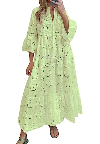 Minetom Damen Partykleid V Ausschnitt Floral Spitze Langes Kleid Strandkleid Cocktailkleid Freizeitkleid 3/4 Ärmel Lose Knopf A-Linie Boho Maxi Kleid A1 Gelb L von Minetom