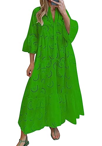 Minetom Damen Partykleid V Ausschnitt Floral Spitze Langes Kleid Strandkleid Cocktailkleid Freizeitkleid 3/4 Ärmel Lose Knopf A-Linie Boho Maxi Kleid A1 Grün XXL von Minetom