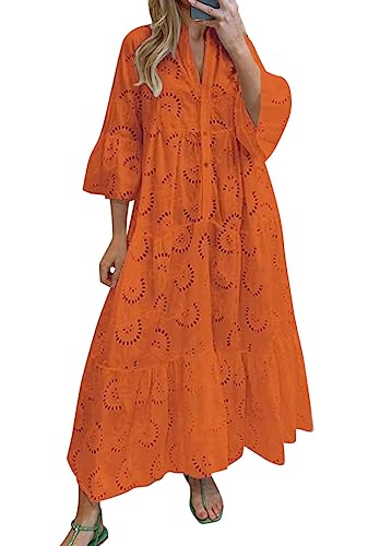 Minetom Damen Partykleid V Ausschnitt Floral Spitze Langes Kleid Strandkleid Cocktailkleid Freizeitkleid 3/4 Ärmel Lose Knopf A-Linie Boho Maxi Kleid A1 Orange XXL von Minetom