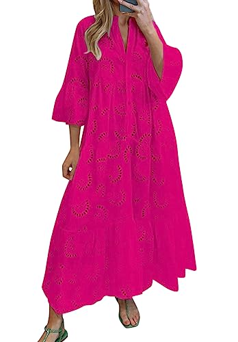 Minetom Damen Partykleid V Ausschnitt Floral Spitze Langes Kleid Strandkleid Cocktailkleid Freizeitkleid 3/4 Ärmel Lose Knopf A-Linie Boho Maxi Kleid A1 Rose XXL von Minetom