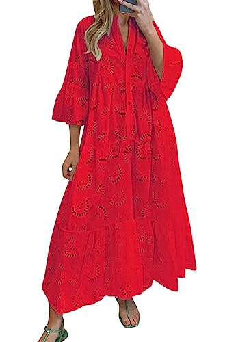 Minetom Damen Partykleid V Ausschnitt Floral Spitze Langes Kleid Strandkleid Cocktailkleid Freizeitkleid 3/4 Ärmel Lose Knopf A-Linie Boho Maxi Kleid A1 Rot XXL von Minetom
