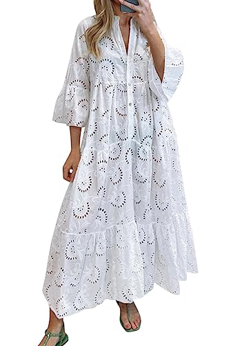 Minetom Damen Partykleid V Ausschnitt Floral Spitze Langes Kleid Strandkleid Cocktailkleid Freizeitkleid 3/4 Ärmel Lose Knopf A-Linie Boho Maxi Kleid A1 Weiß XXL von Minetom
