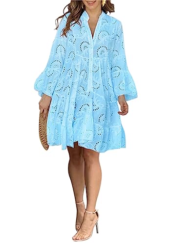 Minetom Damen Partykleid V Ausschnitt Floral Spitze Langes Kleid Strandkleid Cocktailkleid Freizeitkleid 3/4 Ärmel Lose Knopf A-Linie Boho Maxi Kleid A2 Blau 3XL von Minetom