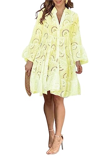 Minetom Damen Partykleid V Ausschnitt Floral Spitze Langes Kleid Strandkleid Cocktailkleid Freizeitkleid 3/4 Ärmel Lose Knopf A-Linie Boho Maxi Kleid A2 Gelb XXL von Minetom