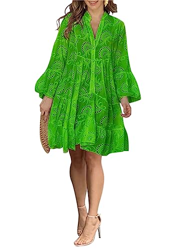 Minetom Damen Partykleid V Ausschnitt Floral Spitze Langes Kleid Strandkleid Cocktailkleid Freizeitkleid 3/4 Ärmel Lose Knopf A-Linie Boho Maxi Kleid A2 Grün 3XL von Minetom