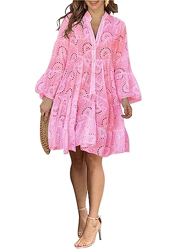 Minetom Damen Partykleid V Ausschnitt Floral Spitze Langes Kleid Strandkleid Cocktailkleid Freizeitkleid 3/4 Ärmel Lose Knopf A-Linie Boho Maxi Kleid A2 Rosa XL von Minetom