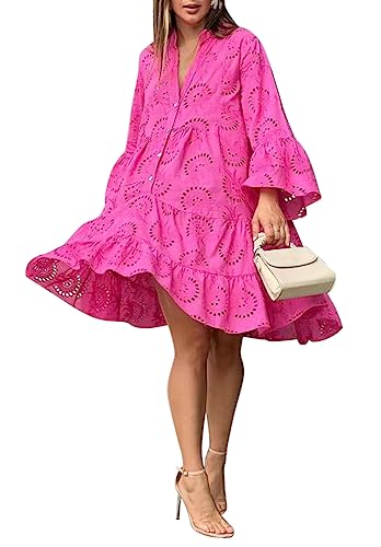 Minetom Damen Partykleid V Ausschnitt Floral Spitze Langes Kleid Strandkleid Cocktailkleid Freizeitkleid 3/4 Ärmel Lose Knopf A-Linie Boho Maxi Kleid A2 Rose 3XL von Minetom