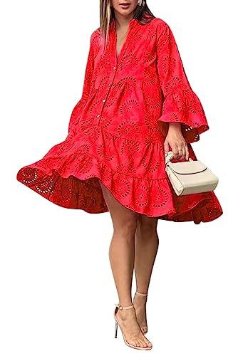 Minetom Damen Partykleid V Ausschnitt Floral Spitze Langes Kleid Strandkleid Cocktailkleid Freizeitkleid 3/4 Ärmel Lose Knopf A-Linie Boho Maxi Kleid A2 Rot XXL von Minetom