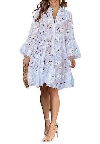 Minetom Damen Partykleid V Ausschnitt Floral Spitze Langes Kleid Strandkleid Cocktailkleid Freizeitkleid 3/4 Ärmel Lose Knopf A-Linie Boho Maxi Kleid A2 Weiß XXL von Minetom