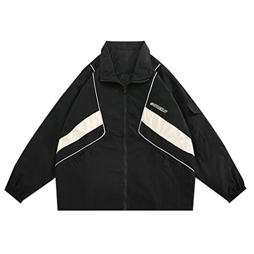 Minetom Damen Patchwork Farbblock Oversize Hip Hop Jacke Teenager Mädchen Mantel Sport Übergangsjacke Windbreaker College Jacke Sweatjacke E Schwarz M von Minetom