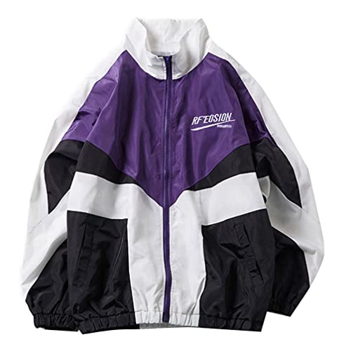 Minetom Damen Patchwork Farbblock Oversize Hip Hop Jacke Teenager Mädchen Mantel Sport Übergangsjacke Windbreaker College Jacke Sweatjacke F Violett S von Minetom