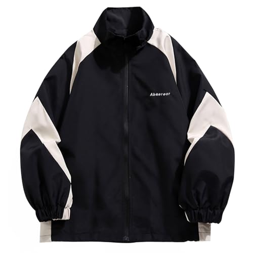 Minetom Damen Patchwork Farbblock Oversize Hip Hop Jacke Teenager Mädchen Mantel Sport Übergangsjacke Windbreaker College Jacke Sweatjacke G Schwarz S von Minetom