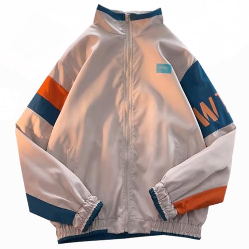 Minetom Damen Patchwork Farbblock Oversize Hip Hop Jacke Teenager Mädchen Mantel Sport Übergangsjacke Windbreaker College Jacke Sweatjacke J Beige M von Minetom