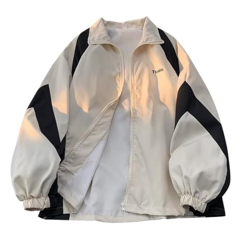 Minetom Damen Patchwork Farbblock Oversize Hip Hop Jacke Teenager Mädchen Mantel Sport Übergangsjacke Windbreaker Leichte College Jacke Sweatjacke E Beige L von Minetom