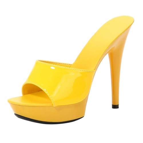 Minetom Damen Plateau High Heels Stiletto Sandaletten Hausschuhe Pantoletten Absatzschuhe Elegant Peep Toe Plattform Abend Party Hochzeit Sandalen A1 Gelb 42 EU von Minetom
